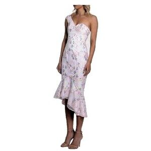 Bariano Gabriella Blush Floral Embroidered One-Shoulder High/Low Dress Sz 10 ***